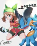  1girl bangs bike_shorts brown_hair closed_mouth collared_dress commentary_request dress gloves green_bandana grey_eyes highres holding holding_poke_ball may_(pokemon) medium_hair orange_dress poke_ball poke_ball_(basic) poke_ball_symbol pokemon pokemon_(creature) pokemon_(game) pokemon_emerald pokemon_rse red_footwear shoes sireia_round sleeveless sleeveless_dress smile swampert 