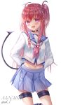  1girl :d absurdres ahoge angel_beats! arms_behind_back bangs black_choker blue_sailor_collar blue_skirt blush choker collarbone collared_shirt demon_tail eyebrows_visible_through_hair groin hair_between_eyes hair_ribbon highres huge_filesize long_hair long_sleeves looking_at_viewer midriff miniskirt navel open_mouth pink_eyes pink_hair pleated_skirt purple_ribbon ribbon sailor_collar sailor_shirt shinda_sekai_sensen_uniform shiny shiny_hair shirt simple_background skirt smile solo standing stomach tail thigh_strap twintails twitter_username very_long_hair white_background white_shirt yui_(angel_beats!) zuzuhashi 