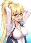  1girl benitsuki_tsubasa blonde_hair blue_eyes breasts fate/grand_order fate_(series) glasses hair_tie_in_mouth jacket jeanne_d&#039;arc_(fate)_(all) jeanne_d&#039;arc_(swimsuit_archer) large_breasts long_hair mouth_hold one-piece_swimsuit ponytail swimsuit tying_hair whistle whistle_around_neck white_jacket 