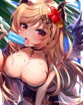  1girl 40_(0f0urw) absurdres bangs bare_shoulders beach bikini blue_sky blush breasts cleavage dark_angel_olivia flower food granblue_fantasy hair_flower hair_ornament highres horns large_breasts leaning_forward long_hair looking_at_viewer miniskirt open_mouth orange_hair popsicle red_eyes skirt sky swimsuit wings 