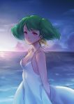  1girl bow breasts cleavage collarbone dress floating_hair from_side green_hair hair_bow halterneck highres long_hair macross macross_frontier ocean outdoors ranka_lee sasanoneko sky sleeveless sleeveless_dress small_breasts solo sundress twintails white_dress yellow_bow 