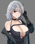 1girl armband bare_shoulders breasts choker cleavage desspie ear_piercing earrings grey_hair highres huge_breasts jacket jewelry looking_at_viewer mechanical_arm mole open_clothes open_jacket original piercing prosthesis prosthetic_arm red_eyes scar scar_across_eye short_hair simple_background smile standing sweat 
