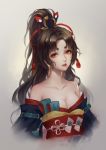  1girl absurdres bangs bare_shoulders black_hair breasts brown_eyes cleavage collarbone grey_background hair_ornament highres japanese_clothes kimono lingye_mikazuki lipstick long_hair long_ponytail looking_at_viewer makeup obi off_shoulder onmyoji red_lipstick red_sash sash small_breasts smile solo thick_eyebrows upper_body youtouhime 