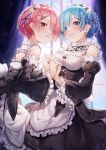  2girls absurdres apron bangs bare_shoulders black_dress blue_eyes blue_hair blush breasts cleavage commentary_request detached_sleeves dress frills hair_ornament hair_over_one_eye hair_ribbon highres holding_hands interlocked_fingers looking_at_viewer maid maid_headdress medium_breasts multiple_girls open_mouth parted_lips pink_eyes pink_hair pink_ribbon ram_(re:zero) re:zero_kara_hajimeru_isekai_seikatsu red_eyes rem_(re:zero) ribbon short_hair siblings sisters smile twins wachiroku_(masakiegawa86) white_legwear x_hair_ornament 