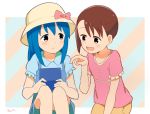  2girls aayh akamatsu_yui blue_hair blue_shirt bow brown_hair brown_headwear brown_skirt collarbone collared_shirt commentary_request diagonal_stripes hand_up handheld_game_console hat hat_bow holding kotoha_(mitsuboshi_colors) long_hair mitsuboshi_colors multiple_girls pink_bow pink_shirt pointing red_eyes shirt short_sleeves signature skirt striped striped_background 