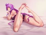  1girl ass bangs barefoot bed_sheet black_bra black_panties bra cameltoe eyebrows_visible_through_hair full_body grey_background highlights highres legs_up long_hair looking_at_viewer looking_back lying macross macross_delta mikumo_guynemer multicolored_hair off_shoulder on_stomach open_mouth panties purple_hair red_eyes sasanoneko shiny shiny_hair simple_background solo underwear underwear_only very_long_hair 