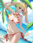  1girl ahoge bangs bare_shoulders beach bead_bracelet beads bikini blonde_hair blue_sky bracelet breasts cleavage closed_mouth collarbone criss-cross_halter fate/grand_order fate_(series) food green_eyes hair_between_eyes hair_intakes halterneck highres ice_cream ice_cream_cone inari_(ambercrown) jewelry large_breasts long_hair looking_at_viewer navel nero_claudius_(fate)_(all) nero_claudius_(swimsuit_caster)_(fate) ocean palm_tree red_bikini shore side-tie_bikini sky smile striped striped_bikini sunlight swimsuit tree twintails 
