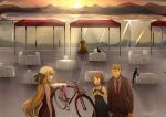  1boy 2girls belt beta_(joutarou) bicycle black_dress black_ribbon blonde_hair braid brown_eyes brown_hair buzz_cut chair commentary dress english_commentary eyebrows_visible_through_hair formal french_braid ground_vehicle hair_ribbon height_difference highres kimi_no_na_wa. long_hair long_sleeves looking_at_another mole mole_under_eye multiple_girls natori_sayaka necktie older open_mouth pacific podium purple_eyes red_neckwear ribbon short_hair sleeveless sleeveless_dress spoilers suit sun sweat table teeth teshigawara_katsuhiko twitter_username wisconsin_(pacific) 