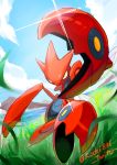  absurdres artist_name cloud commentary day gen_2_pokemon glint grass highres kodai836 mountain no_humans outdoors pokemon pokemon_(creature) scizor sky water yellow_eyes 