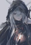  1girl absurdres arknights brown_eyes chen_bin cloak drawing_sword fingernails glowing glowing_sword glowing_weapon grey_background highres hood hooded_cloak horns long_hair shining_(arknights) weapon white_hair 