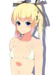  1girl bangs bare_shoulders bikini black_ribbon blonde_hair blue_eyes blush breasts breasts_apart closed_mouth collarbone cross_hair_ornament dead_or_alive eyebrows_visible_through_hair hair_ornament hair_ribbon highres long_hair looking_at_viewer marie_rose nishisan_(mikurosu) ribbon sidelocks small_breasts smile solo swimsuit twintails upper_body white_background white_bikini 