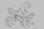  3:2 ambiguous_gender animal_genitalia black_and_white brightwing chromie dragon duo fairy_dragon female female/ambiguous feral feral_on_feral genital_slit genitals hi_res horn licking long_tongue looking_back membrane_(anatomy) membranous_wings monochrome raised_tail rear_view santo_fabbro simple_background size_difference slit tongue tongue_out wings 