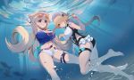  2girls absurdres air_bubble arm_up bangs barefoot belt bianka_durandal_ataegina blonde_hair blue_eyes breasts bubble chinese_commentary cleavage commentary_request eyebrows_visible_through_hair fish grin hair_between_eyes hair_ornament hair_over_one_eye highres honkai_(series) honkai_impact_3rd large_breasts long_hair looking_at_viewer maid_headdress multiple_girls navel o-ring o-ring_top one-piece_swimsuit red_eyes ripples rita_rossweisse school_of_fish shirt short_hair shorts smile swimsuit thigh_strap tied_shirt underwater unzipped very_long_hair water white_shorts wucanming 