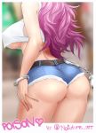  1girl ass bare_shoulders belt blurry blurry_background bracelet breasts brown_belt character_name covered_nipples crop_top cuffs denim from_behind handcuffs highres jewelry large_breasts long_hair midriff nofuture pink_hair poison_(final_fight) short_shorts shorts standing street_fighter tank_top thighs underboob wavy_hair white_tank_top 