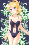  1girl ayase_eli bangs bare_arms bare_shoulders black_background black_scrunchie black_swimsuit blonde_hair blue_eyes blush breasts cleavage collarbone flower front-tie_swimsuit halterneck high_ponytail hiro9779 lily_(flower) looking_at_viewer love_live! love_live!_school_idol_project medium_breasts navel navel_cutout one-piece_swimsuit parted_bangs scrunchie solo swimsuit white_flower 