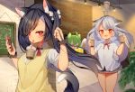  2girls akashi_(azur_lane) animal_ears azur_lane bangs bare_legs bare_thighs black_hair breasts bubble_tea bubble_tea_challenge eyebrows eyebrows_visible_through_hair eyes_visible_through_hair indoors large_breasts long_hair miniskirt multiple_girls open_mouth phone red_eyes semimarusemi shigure_(azur_lane) shirt short_sleeves silver_hair skirt smile swept_bangs symbol-shaped_pupils tail thick_eyebrows wolf_ears yuudachi_(azur_lane) 