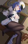  1163186334 1girl :d absurdres azur_lane bangs black_gloves black_legwear blue_hair breasts chapayev_(azur_lane) cleavage coat_dress dutch_angle gloves hair_between_eyes hair_ornament hairclip hat highres indoors jacket large_breasts map military military_hat military_uniform mole mole_on_breast open_mouth pantyhose peaked_cap pleated_skirt pointer portrait_(object) red_eyes sitting skirt smile table thighs uniform white_headwear white_jacket white_skirt 