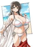  1girl bare_shoulders beach bikini bikini_under_clothes black_hair blush breasts cleavage collarbone eyebrows_visible_through_hair hair_between_eyes highres huge_breasts iwato_kasumi japanese_clothes long_hair looking_at_viewer miko momoiro_tunozemi navel ocean parted_lips saki sand side-tie_bikini sky solo stomach swimsuit 