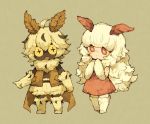  +_+ 1boy 1girl :&lt; :d ahoge antennae bangs bare_shoulders beige_background beige_gloves big_hair blunt_bangs blush boots brown_cape brown_vest cape commentary_request dark_skin dress elbow_gloves flipped_hair full_body gloves hair_between_eyes insect_boy insect_girl knee_boots long_hair looking_at_viewer maniani messy_hair monster_boy monster_girl moth_boy moth_girl open_mouth original own_hands_together pink_skin pointing red_dress red_eyes red_sclera scarf shirtless short_hair shorts sidelocks simple_background sleeveless sleeveless_dress smile thighhighs very_long_hair vest white_footwear white_gloves white_hair yellow_eyes yellow_sclera zettai_ryouiki 