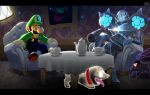  1boy 1girl alien animal arm_cannon blue_eyes blue_overalls brown_footwear crossover cup dark_samus dog extra_eyes facial_hair ghost gloves green_headwear green_shirt ing_(metroid) luigi luigi&#039;s_mansion mario_(series) metroid mustache polterpup see-through shirt shoulder_pads sitting super_smash_bros. table teacup teke third_eye weapon worried 