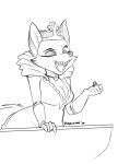  anthro balcony big_breasts bracelet breasts canid canine cleavage clothed clothing conditional_dnp crown dress eyes_closed fangs female fox gloves gloves_(marking) handwear hi_res inner_ear_fluff jewelry kayla-na mammal markings monochrome nakhta queen royalty ruff_(clothing) solo tuft 