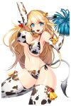  1girl animal_ears animal_print arms_up bell bell_choker bikini blonde_hair blue_eyes blush bouncing_breasts breasts cheerleader choker cow_bell cow_ears cow_girl cow_print cow_tail ear_tag elbow_gloves gloves highres large_breasts long_hair mole mumu_(soccer_spirits) navel open_mouth pom_poms side-tie_bikini simple_background smile snowball22 soccer_spirits solo swimsuit tail thighhighs very_long_hair water 