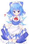  (9) 1girl alternate_costume apron bangs blue_dress blue_eyes blue_hair blush cirno commentary contrapposto cowboy_shot dress enmaided expressionless eyebrows_visible_through_hair hair_ribbon heart highres kuraaken layered_sleeves looking_at_viewer maid maid_headdress pinafore_dress puffy_short_sleeves puffy_sleeves ribbon shirt short_hair short_sleeves simple_background skirt skirt_lift solo striped striped_legwear thighhighs touhou waist_apron white_background white_shirt 