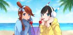  2girls bangs black_hair blue_eyes blue_gloves blunt_bangs cloud commentary_request day drinking_straw eyebrows_visible_through_hair fuuro_(pokemon) glass gloves gym_leader hair_ornament head_in_hand headphones kamitsure_(pokemon) looking_at_viewer mouth_hold multiple_girls outdoors palm_tree pandagirlz pokemon pokemon_(game) pokemon_bw2 red_hair sand shared_drink shell shiny shiny_hair shore sidelocks sky tied_hair tree water yuri 
