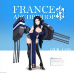  1girl absurdres archbishop arms_behind_back azur_lane black_footwear black_hair black_legwear blue_dress breasts character_name china_dress chinese_clothes cleavage copyright_name dress english_text flower hair_flower hair_ornament high_heels highres leaning_forward long_hair looking_at_viewer medium_breasts original red_eyes shoes simple_background solo thighhighs tongue tongue_out xiao_cuke 