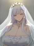  1girl azur_lane bangs bare_shoulders belfast_(azur_lane) belfast_(claddagh_ring&#039;s_vow)_(azur_lane) blue_eyes braid breasts bridal_veil chain chilakkk cleavage dress earrings french_braid gold highres huge_breasts jewelry long_hair looking_at_viewer sidelocks silver_collar silver_hair strapless strapless_dress tiara veil wedding_dress white_dress 