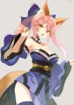  1girl animal_ear_fluff animal_ears bangs bare_shoulders blue_kimono blush breasts cleavage fate/extra fate_(series) fox_ears fox_girl fox_tail highres japanese_clothes kimono large_breasts long_hair long_sleeves looking_at_viewer pink_hair revision tail tamamo_(fate)_(all) tamamo_no_mae_(fate) wide_sleeves yellow_eyes zenshin 