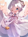  1girl azur_lane blue_eyes coat_dress dress highres illustrious_(azur_lane) lace-trimmed_headwear little_illustrious_(azur_lane) long_hair looking_at_viewer low_twintails one_eye_closed open_mouth outstretched_arm outstretched_hand reaching see-through_sleeves semimarusemi smile solo tilted_headwear twintails white_dress white_headwear younger 