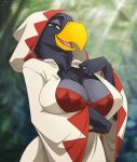  anthro avian beak big_breasts black_body black_feathers breasts cleavage clothed clothing cosplay eyeshadow feathers female green_eyes half-closed_eyes hood huge_breasts keiba_(feril) makeup narrowed_eyes neck_tuft nim-nim open_mouth robe smile solo tuft white_mage wide_hips 