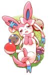  ambiguous_gender ball blue_eyes blue_inner_ear bow cute_fangs eeveelution fangs feral heal_ball hi_res kareya long_ears looking_at_viewer lying mammal nintendo open_mouth pawpads pink_body pok&eacute;ball pok&eacute;mon pok&eacute;mon_(species) pok&eacute;mon_camp ribbons solo sylveon tongue toy video_games white_body 
