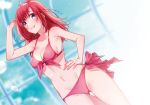  1girl arm_up bare_shoulders bikini blurry blurry_background breasts collarbone cowboy_shot front-tie_bikini front-tie_top groin hand_on_hip highres lapis_re:lights long_hair looking_at_viewer medium_breasts navel open_mouth red_hair shiny shiny_skin smile solo standing strap_gap swimsuit thigh_gap thighs tiara tiara_(lapis_re:lights) upper_teeth 