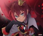  1boy bangs black_gloves blue_eyes crown dalc_rose gloves hair_between_eyes heart highres jacket long_sleeves looking_at_viewer male_focus mini_crown petals red_hair riddle_rosehearts rose_petals short_hair solo twisted_wonderland 