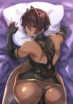  1boy @@@ ass bed_sheet black_gloves brown_hair dark_skin dark_skinned_male elbow_gloves fingernails gloves granblue_fantasy highres jamil_(granblue_fantasy) kneeling looking_at_viewer looking_back male_focus on_bed parted_lips pillow scar shirt sleeveless sleeveless_shirt solo steam sweat thong yellow_eyes 