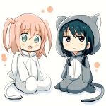  2girls :o animal_costume animal_ears animal_hood bangs black_hair blush cat_costume cat_ears cat_hood cat_pajamas cat_tail child dot_nose eyebrows_visible_through_hair full_body green_eyes grey_pajamas hair_between_eyes hood hood_down kneeling long_hair low_twintails multiple_girls nemoto_hina nmemoton open_mouth pajamas pink_hair purple_eyes sitting tail tamura_yuri twintails watashi_ga_motenai_no_wa_dou_kangaetemo_omaera_ga_warui! white_background white_pajamas younger 