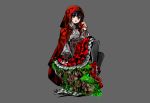  apple armor black_eyes black_hair boots cape corset food fruit goth-loli grass gray hoodie knife little_red_riding_hood lolita_fashion michihisa! original pantyhose red_riding_hood shirt short_hair skirt weapon 