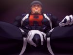  1boy bara beard bulge cabbie_hat cliff_(pokemon) facial_hair gloves grin hat male_focus pokemon pokemon_(game) pokemon_go sitting smile solo team_go_rocket white_gloves yowaifish 