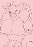  &lt;3 &lt;3_eyes anthro big_breasts blush bodily_fluids breasts buremega claws crossgender curvy_figure genitals horn huge_breasts lactating monochrome nidoking nintendo nude pok&eacute;mon pok&eacute;mon_(species) pussy semi-anthro slightly_chubby solo surprise sweat thick_thighs video_games voluptuous wide_hips 