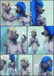  anthro blue_hair brother brothers casual_nudity circumcised comic duo facepalm fur genitals hair hi_res hyaenid male male/male mammal nude penis pickles-hyena piercing shower sibling striped_body striped_fur striped_hyena stripes 