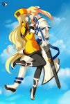  1boy 1girl ayb-art blonde_hair blue_eyes guilty_gear hand_on_another&#039;s_face highres ky_kiske millia_rage sword weapon 