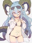  +_+ 1girl bangs bikini braid crossed_bangs curled_horns eyewear_on_head fate/grand_order fate_(series) horns long_horns mou_tama_maru open_clothes open_shirt pointy_ears shirt stomach_tattoo sunglasses swimsuit symbol-shaped_pupils tail tattoo tiamat_(fate/grand_order) younger 