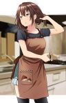  1girl abe_kanari adjusting_hair apron black_legwear blurry blurry_background brown_eyes brown_hair cowboy_shot denim denim_shorts hair_tie high_school_fleet highres kitchen kuroki_hiromi short_sleeves shorts solo thighhighs tying_hair 