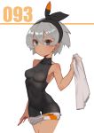 1girl absurdres bangs black_bodysuit black_hairband bodysuit bow breasts closed_mouth collarbone commentary_request covered_navel grey_hair gym_leader hair_between_eyes hairband highres holding looking_at_viewer number pokemon pokemon_(game) pokemon_swsh print_shorts pulled_by_self saitou_(pokemon) shiny shiny_hair short_hair shorts shorts_pull solo xumu_11090645 