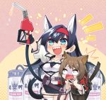  2girls :d alcohol animal_ears arknights arm_up bangs beer belt bent_over black_belt black_gloves black_hair black_legwear black_skirt blaze_(arknights) blue_eyes blush breasts brown_hair cat_ears cat_tail chibi commentary_request cowboy_shot earrings eyebrows_visible_through_hair fingerless_gloves gas_pump_nozzle gloves great_lungmen_logo hair_between_eyes hairband highres holding jacket jewelry lemon_raimu long_hair long_sleeves miniskirt multiple_girls open_mouth pantyhose pencil_skirt pleated_skirt pouch red_hairband red_jacket sharp_teeth shirt single_thighhigh skirt skyfire_(arknights) small_breasts smile standing sweat tail teeth thighhighs turn_pale very_long_hair white_jacket white_legwear white_shirt 
