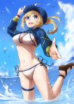  1girl :d absurdres ahoge aiming_at_viewer arm_up artoria_pendragon_(all) bangs bare_legs baseball_cap bikini blonde_hair blue_eyes blue_headwear blue_ribbon blue_sky breasts brown_footwear cleavage cloud commentary_request eyebrows_visible_through_hair fate/grand_order fate_(series) finger_gun hat highres lens_flare long_hair long_sleeves looking_at_viewer medium_breasts mysterious_heroine_x navel ocean open_mouth ponytail ribbon sandals shrug_(clothing) side-tie_bikini sky slime_(user_jpds8754) smile solo splashing stomach sweatband swimsuit thigh_strap water water_drop white_bikini 