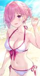  1girl :d adapted_costume arm_up bare_arms bare_shoulders beach bikini blush breasts cleavage collarbone commentary_request cowboy_shot day fate/grand_order fate_(series) front-tie_bikini front-tie_top hair_over_one_eye kuroki_(ma-na-tu) mash_kyrielight medium_breasts navel open_mouth outdoors pink_hair purple_eyes short_hair short_ponytail side-tie_bikini smile solo stomach swimsuit swimsuit_of_perpetual_summer water white_bikini 