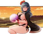  1girl absurdres ball beachball bikini black_bikini blue_eyes blue_hair breasts byleth_(fire_emblem) byleth_(fire_emblem)_(female) fire_emblem fire_emblem:_three_houses fire_emblem_heroes flower from_side hair_flower hair_ornament highres holding large_breasts looking_to_the_side sitting solo swimsuit tero_(o11q) 